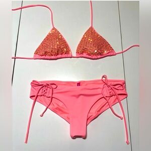 Victoria’s Secret Pink Coral Gold Sequin Two-Piece Swim Bathing Suit Bikini Set